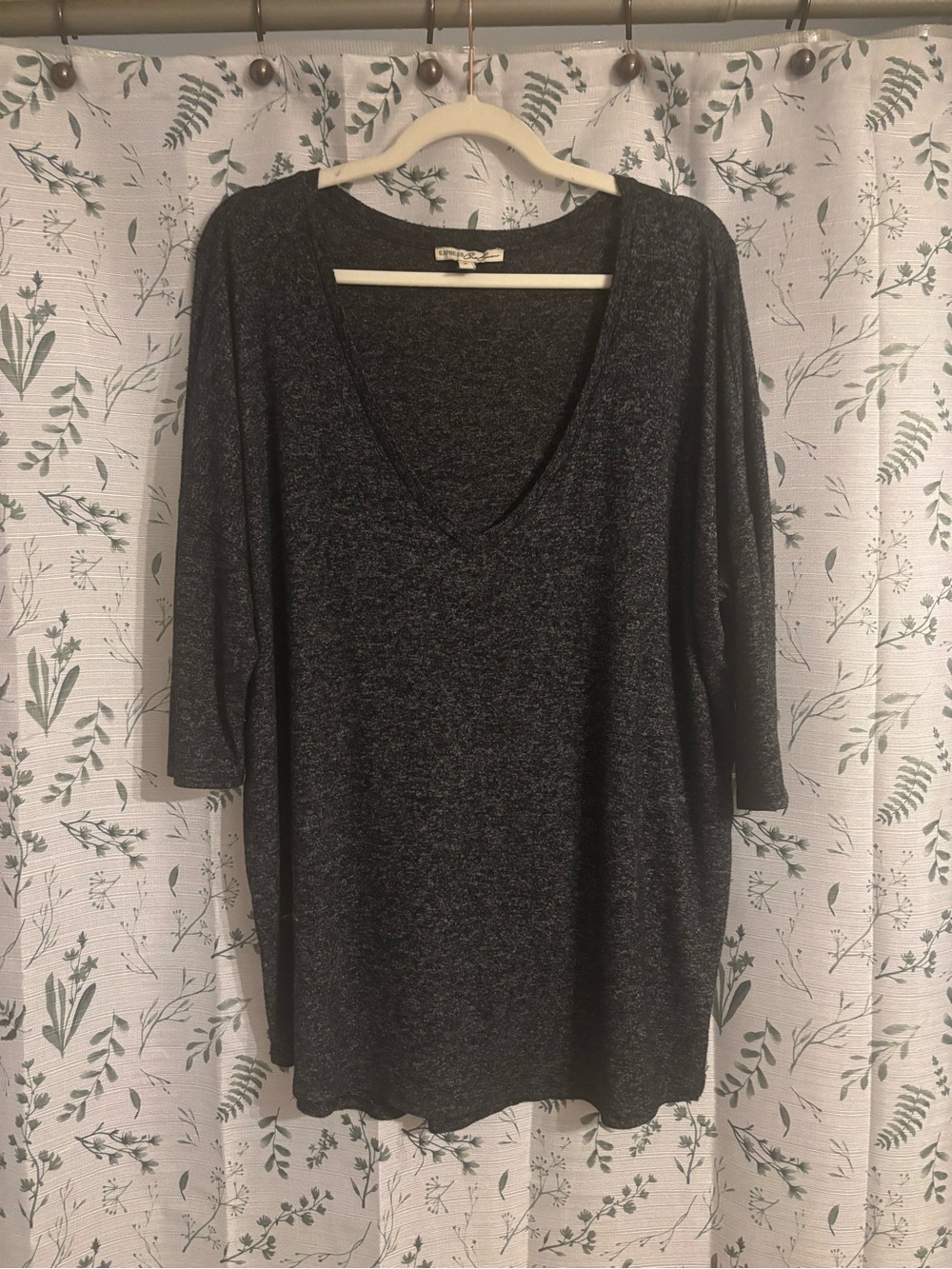 Cozy V-Neck Express 3/4 Length Sleeve Top - Dark Heather Gray